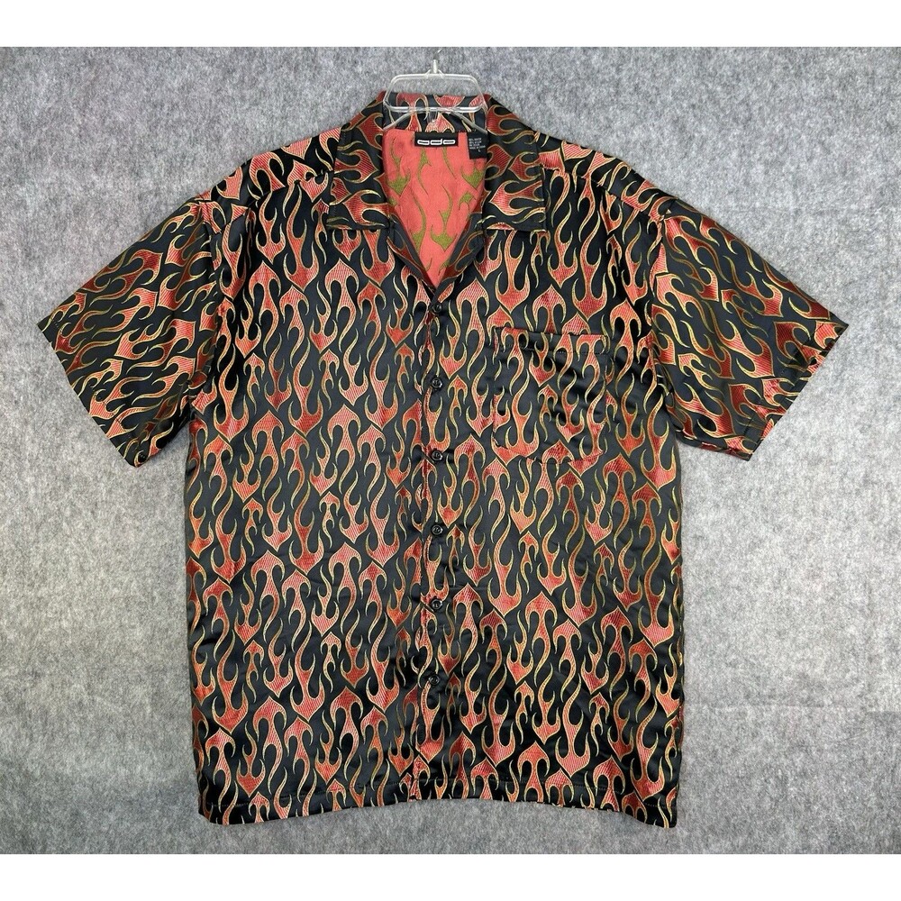 Vintage ODO Flame AOP Black Shirt Button Down Short Sleeve Men’s L Fire Rave